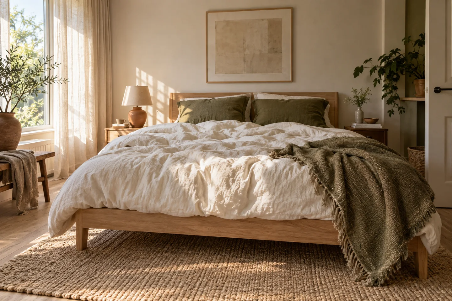 Bed met naturel beddengoed in het ochtendlicht