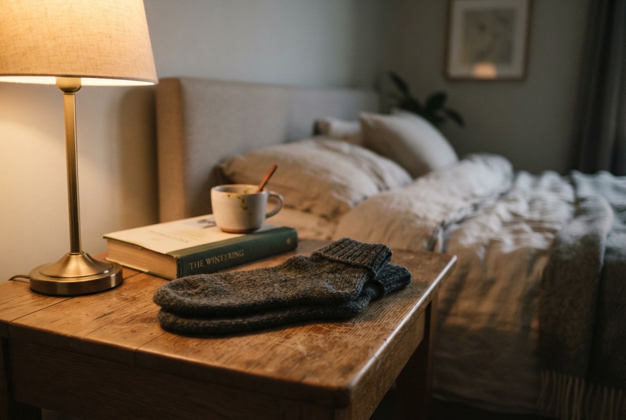 Opgevouwen wollen bedsokken op het nachtkastje naast een lamp